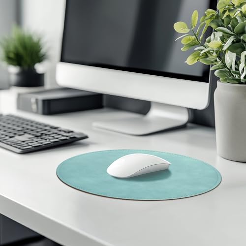 Mouse Pad,Round Mouse Pad,PU Mouse Pad,Leather Mouse Pad with Stitched Edge Micro-Fiber Base with Non-Slip Waterproof,Mouse Pad for Computers,Laptop,9 x 9 Inch (Light Blue) - color: Light Blue, size: 9L x 9W inches