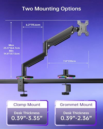 Afaloona RGB Gas Spring Monitor Arm with USB Hub for 13-32" Monitors | 3 USB ports (2 USB-C + 1 USB-A), Charging and Data Transfer, Full Motion Adjustable, Max Load 19.8lbs, Max VESA 100x100mm - size: RGB Gas Spring Monitor Stand
