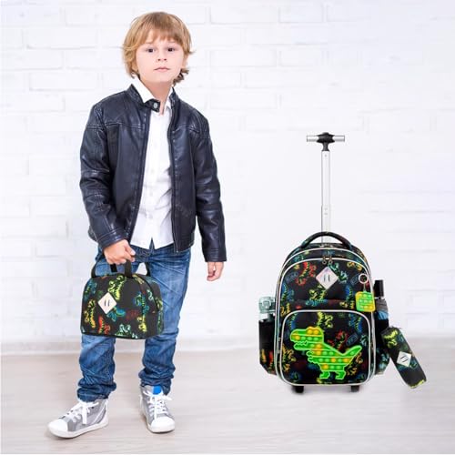 Kids Rolling Dinosaur Backpack for Boys Luggage Suitcase With Wheels Trolley Wheeled POP Roller Backpacks for Elementary Travel School Bags 17" 3PCS Toy Backpack With Lunch Box Green - color: 041123-konglong