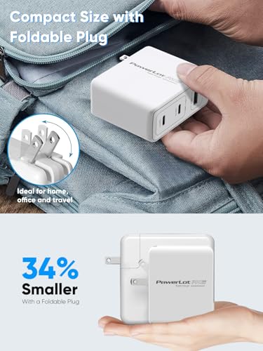 PowerLot 140W GaN PD Power Adapter,18W USB-A Charger, PD3.1 Type C Wall Charger or MacBook Pro 16'', Dell XPS, iPhone 16/15 Pro Max, iPad, Chromebook,Tablet (140W Charge with Cable)