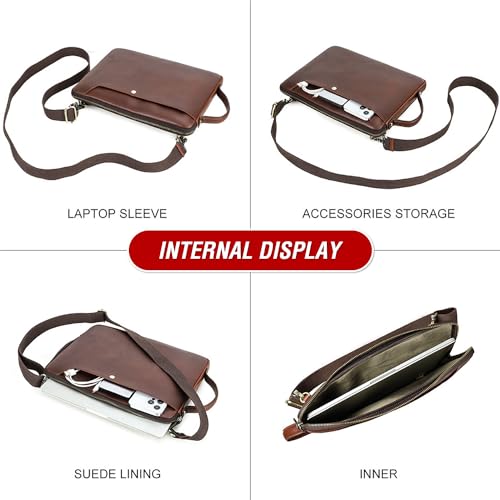 Top Grain Leather 14.2" Slim Laptop Bag Case, Handmade, Adjustable Strap & 2 Pockets, Compatible with MacBook Pro 14 inch 2021 2022 M1 Pro/M1 Max A2442 & Other PC, Red Coffee 14.2 Inch - color: #5【Adjustable Strap】-Red Coffee-2 Pockets, size: 14.2" - Fits