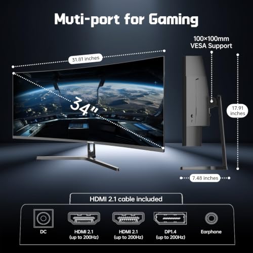 Hikers 34 Inch Curved Gaming Monitor UWQHD 200Hz HDMI 2.1×2 & DP 1.4×1 Ultrawide 3440×1440 Monitor, 21:9 1500R PIP/PBP, Fast VA MPRT 1ms 131% sRGB AI Crosshair (G34H1Q, Includes One HDMI 2.1 Cable) - size: 34 inch