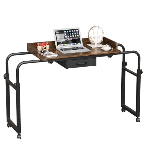 GiftGo Over Bed Table with Wheels, Recliner Table Bed Desk, Adjustable Height and Length Laptop Table with Storage Drawer Metal Leg for Bedroom Home Office Hospital (Rustic Brown, 39.3" to 55.1") - color: Rustic Brown