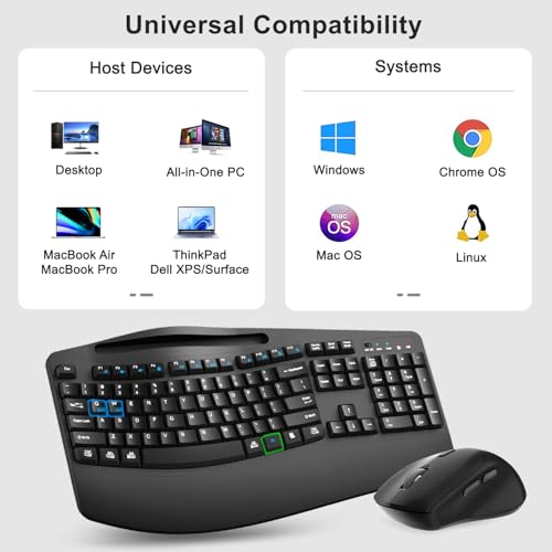 Wireless Keyboard and Mouse Combo, 2.4G Full Size Wave Keys Ergonomic Keyboard with Wrist Rest, Phone Holder, 3-Level DPI Wireless Silent Mouse with 6-Buttons, for Windows, Mac OS, Laptop, PC (Black) - color: Black