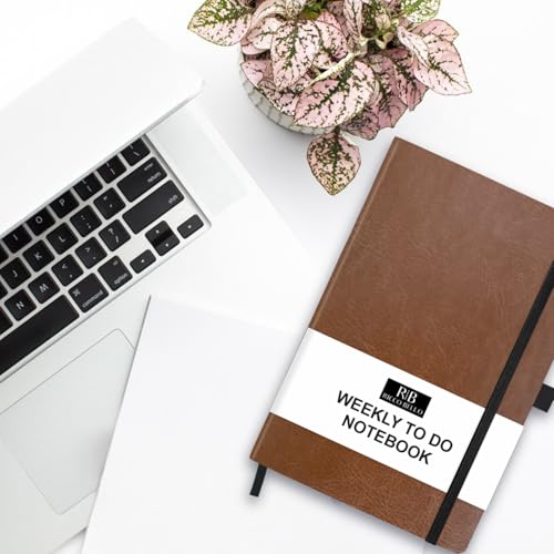 RICCO BELLO Undated Weekly Planner To Do Notebook, Brown, 5.7 x 8.4" | Faux Leather Hardcover, Pen Holder, Bookmark & Elastic Band Closure, Storage Pocket, For Work, School, Home - color: Brown