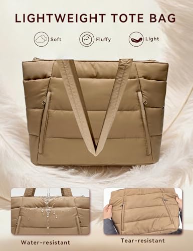 Puffer Tote Bag for Women, Nurse, Large Quilted Shoulder Bag with Cup Holder & Laptop Compartment for Work, Travel, Gym - color: Brown