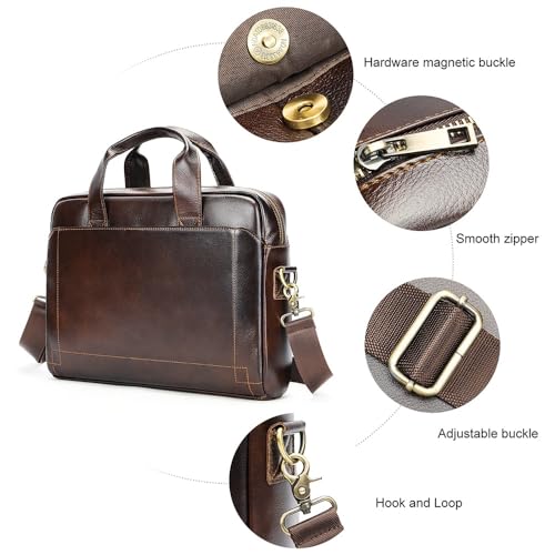 Genuine Leather Briefcase for Men and Women, Laptop Shoulder Bag,Messenger Bag 15 Inch Laptop, Business Travel - color: Dark Coffee