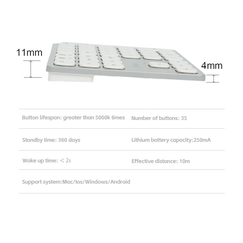 36 Keys Bluetooth Numeric keypad Portable Mini Financial Accounting Rechargeable Number pad Ultra-Silent for iPad Laptop,Mac, iMac, Tablet, PC and Desktop (Silver) - color: silver