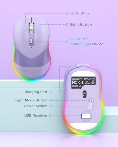 PEIOUS Wireless Jiggler Mouse for Laptop Keeps Computer Awake- Light Purple | 2-in-1 rechargeable LED mouse with jiggler mode, random movement, On/Off control, and plug-and-play USB - color: Purple