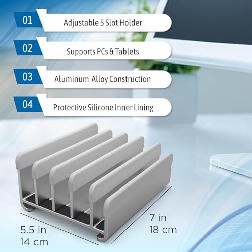 Elestoria 5- Slot Vertical Laptop Stand - Aluminum Laptop Stand Vertical for Desk - Adjustable Width (12-38mm) Fits MacBook Pro/Air, Surface & Gaming Laptops Upto 17.3 (Grey) - color: Grey