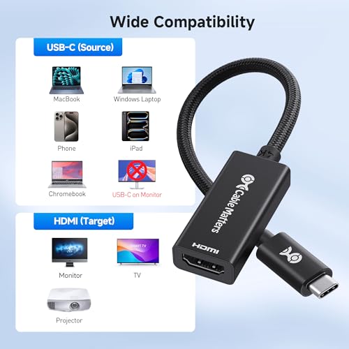 Cable Matters Braided Aluminum USB C to HDMI Adapter, 4K USB-C to HDMI | 4K@60Hz / 2K@144Hz, USB Type C to HDMI, for iPhone 17/16, MacBook, Tablet, TV, and Monitor