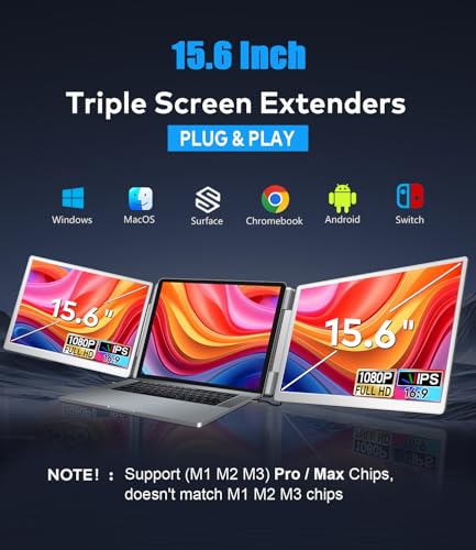 15.6" Laptop Screen Extender, FHD IPS Triple Screen Portable Monitor | Extra Monitor for 13-17.3" Laptops,Travel Tri Screen Compatible with Windows & MacOS-HDMI/USB-C,Plug & Play Extender-S10 - size: 15.6 inches