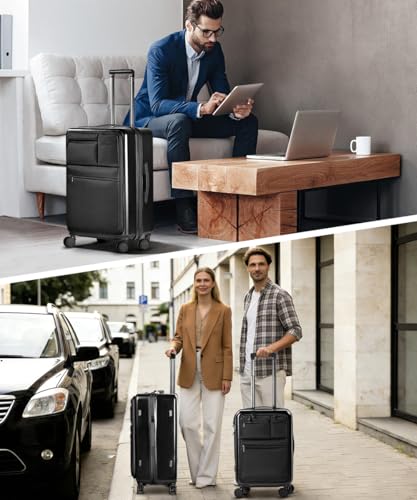 Carry On Luggage 20x14x9 Airline Approved, 20 Inch Spinner Suitcase with Front Laptop Pocket, USB A & C Ports, TSA Lock, Expandable Hardshell Carry-on Bag with Wheels, Hybrid Front Access - color: Black, size: 20 inch