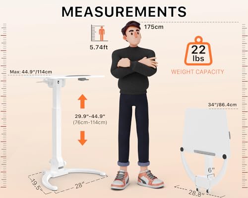 JOY worker Foldable Mobile Standing Desk, Adjustable Portable Desk, White | 90° Tiltable MDF Desktop with Strip, Height Adjustable, Collapsible Low Base with Hidden Wheels, Holds 22lbs, for Home Office - color: White, size: Height Range:29.9-44.9"