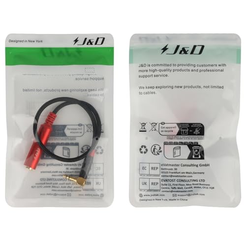 J&D 1/4 to 3.5mm Headphone Adapter, TRS 1/4 inch to 1/8 inch Stereo Audio Adapter Cable, 6.35mm Female to 3.5mm Male Stereo Audio Adapter for Headphone, Amplifiers, Guitar, Amp, 1ft / 30 cm, Red