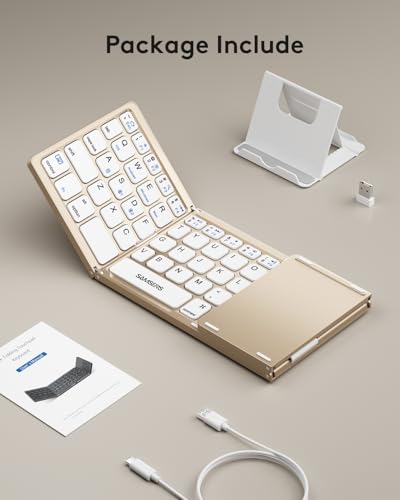 Samsers Foldable Bluetooth Keyboard with Touchpad, Ultra Slim Compact, Gold | Multi-touch Trackpad, Full Size, Phone Holder, USB-C Charging, 3 Device, for Android Windows iOS Mac OS, Mobile Productivity - color: Desert Gold, size: 3-Device