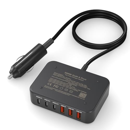 Multi Ports USB Laptop Car Charger, Fast Charge 200w PD3.0 Adapter Compatible with MacBook pro/Lenovo Thinkpad/Dell inspiron/Surface Pro/HP, Cell Phones Tablets and Other USB Devices