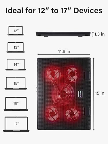Kootek Laptop Cooling Pad, Laptop Cooler with 5 Quiet Fans for 12"-17" Computer PC Notebook Gaming Laptop Fan, Height Adjustable Laptop Cooling Stand Laptop Accessories, Red - color: Red