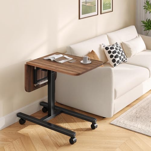 Homkdom C Shaped Table with Wheels for Couch or Sofa, Walnut Brown | Extended Desktop, for Eating on Couch, Bed, or Recliner, Height Adjustable Laptop Desk - color: Walnut Brown