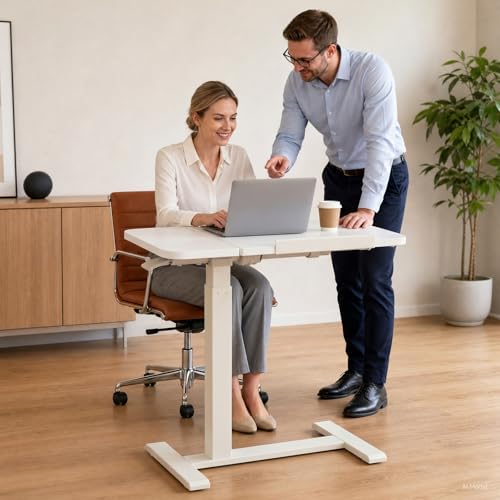 GTPLAYER Pneumatic Adjustable Standing Desk, 28 Inch Tiltable Mobile Rolling Laptop Table with Wheels, Overbed Bedside Table Computer Workstation for Home Office, White - color: White