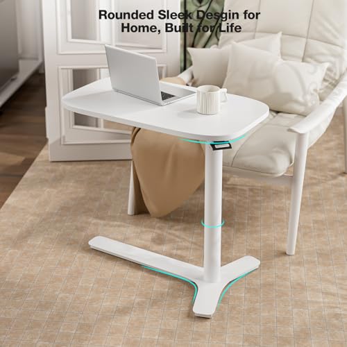 Muvai Overbed Bedside Table with Hidden Casters,30 Inches Adjustable Height Pneumatic Mobile Laptop Standing Desk, Rolling Computer Table for Home & Hospital Use ,White 30" W x 17.7" D - color: White