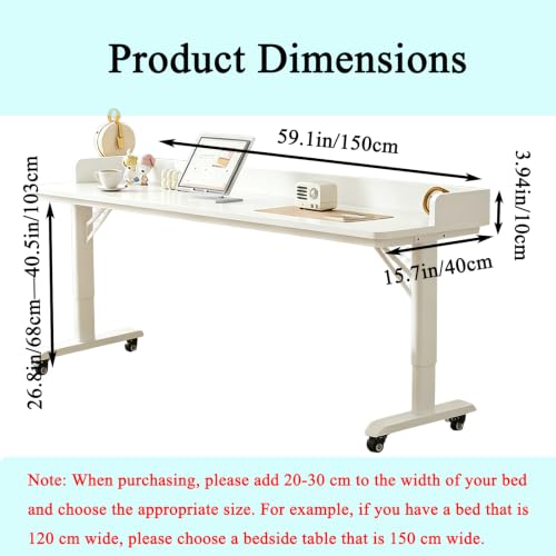 59.1in Overbed Table Adjustable Height,Overbed Table with 360° Wheels, Rolling Over The Bed Desk, Laptop Desk for Bed, for Bedroom, Living Room, Hospital Use (White, 59.1in/150cm) - color: White, size: 59.1in/150cm