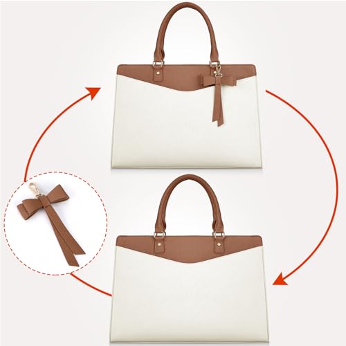 RAINSMORE Laptop Bag for Women 15.6 Inch PU Leather Laptop Tote Professional Business Office Work Bag Waterproof Briefcase Computer Tote Bag Large Lightweight Handbag Shoulder Bag - color: Beige and Dark Brown