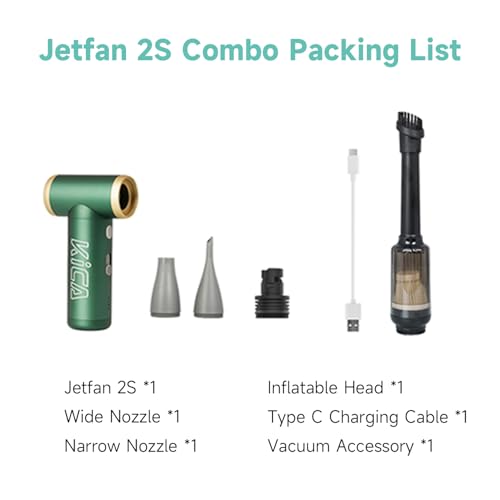 KiCA JetFan 2S Combo Electric Air Duster, 117,000RPM Blower, Green | Powerful electric blower with rechargeable battery, metal construction and versatile use for keyboards, cars and camping