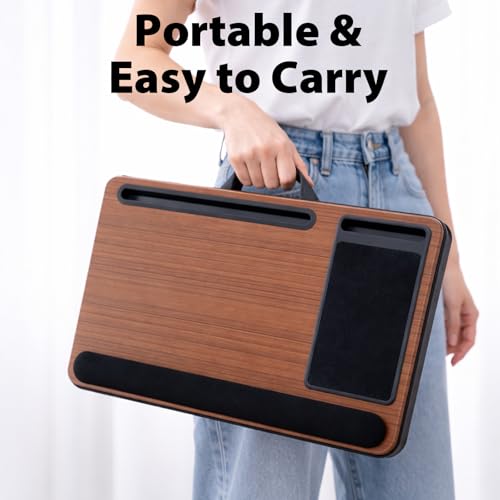 Cyberguys Comfort Lap Desk for Laptop up to 15.6 in – Black with Saddletan Wood Overlay with Mouse Pad, Phone & Tablet Slot, Dual Cushion Base, Wrist Rest & Carry Handle for Bed Desk Couch Sofa - color: Black With Saddletan Wood Overlay