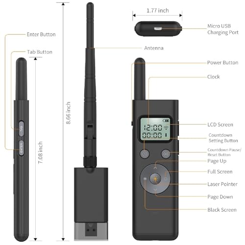 Wireless Presentation Clicker with LCD Display, 300M Long Range Green Presenter Remote, Rechargeable PPT Pointer for Laptop/PC/Mac