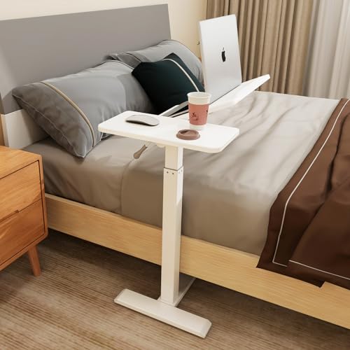 PUNCIA Medical Overbed Table with Wheels Pneumatic Adjustable Bedside Desk | Computer Cart Bedside Table Rolling Laptop Table with Tilting Split Top for Hospital Bed Office Bedroom Dorm Recovery Room