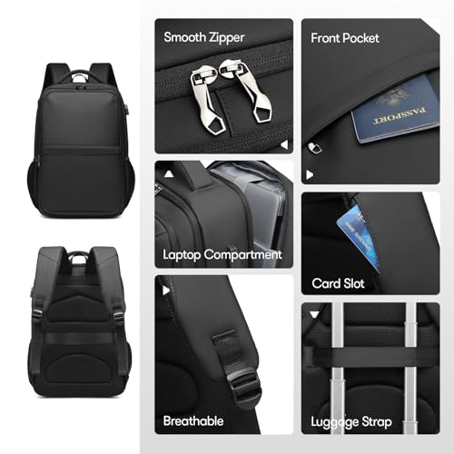 Travel Laptop Backpack, Business Sturdy Laptops Backpack with USB Charging Port, Water Resistant Computer Bag Gift for Men & Women Fits 18.5 Inch Notebook, Black