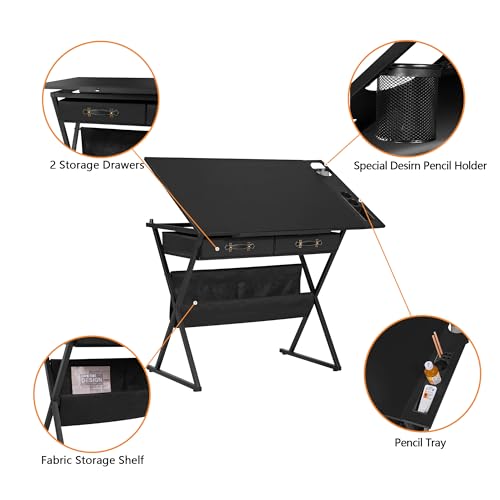 VECELO Drafting Table Art Desk Art Table Adjustable Drawing Table Tilted Tabletop with 2 Storage Drawers and Stool, Drawing Desk for Artist Painters Drawing, Crafting, Reading, Writing, Black - color: Black