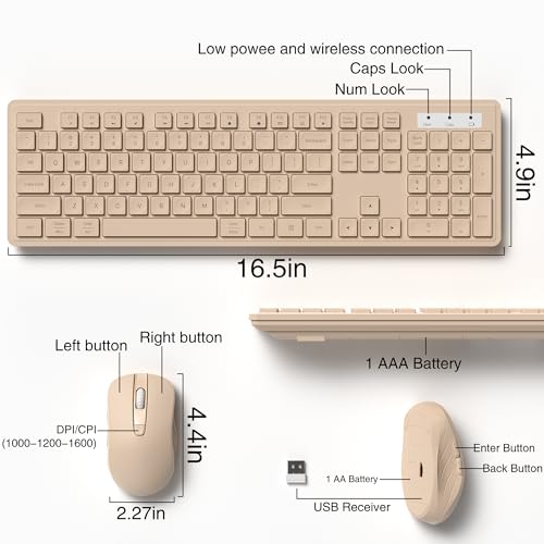 MPTOG Wireless Keyboard and Mouse Combo, Full-Size 104-Key Office Keyboard with 15 Function Keys, Numeric Keypad, Single USB Receiver, Compatible with PC and Laptop(Milk-Tea Only) - color: Milk-Tea Only