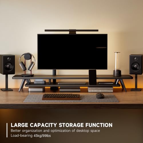 Fenge Dual Monitor Stand Riser, Wooden Desk Shelf with 2-Tier Storage | 47.2-Inch Extra Wide, Sturdy Aluminum Legs, Built-In Phone & Tablet Slot, Desktop Organizer for Office Accessories - color: Black, size: 47.2 Inch