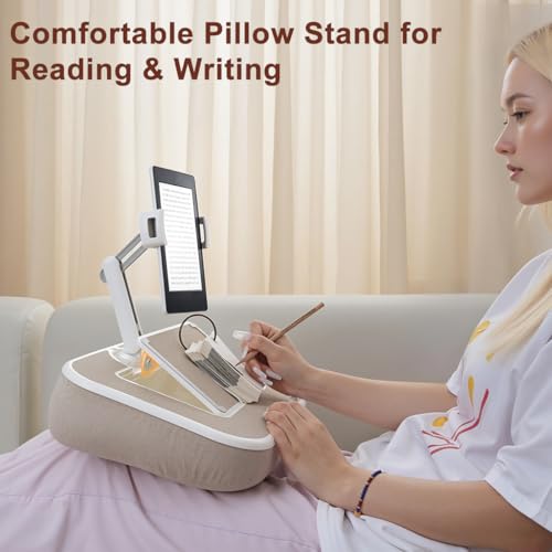 Tablet Pillow Stand with Snack Bowl and Writing Board, 360° Rotating Phone Holder for 4.7-13" Phone Kindle Tablet, Pillow Kindle Holder for Reading in Bed, Couch,Recliner,Floor Etc-Beige - color: Beige