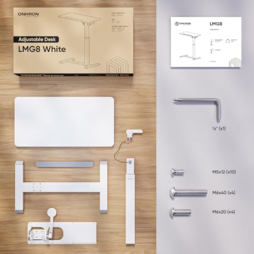 ONKRON Portable Desk on Wheels, max 17.6 lbs, Mobile Workstation, White | Height adjustable overbed table with 90° tilting top, hidden wheels, low-profile base; for laptop, bedside use & study