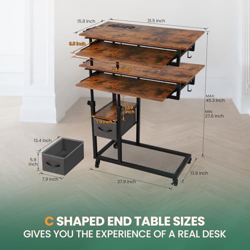 FAHKNS Adjustable C Table with Charging Station, Tiltable Desk C Shaped End Table for Couch, Over Bed Table with Wheels Adjustable Height, Hospital Laptop Stand Drawing Desk