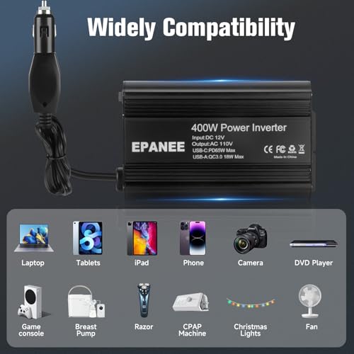400W Power Inverter 12V DC to 110V AC, Car Charger Plug in Adapter Outlet with PD 65W USB-C&QC 18W Port, Portable Power Converters for Laptop Vehicles Camping Road Trip Essentials Adults-Black - color: black