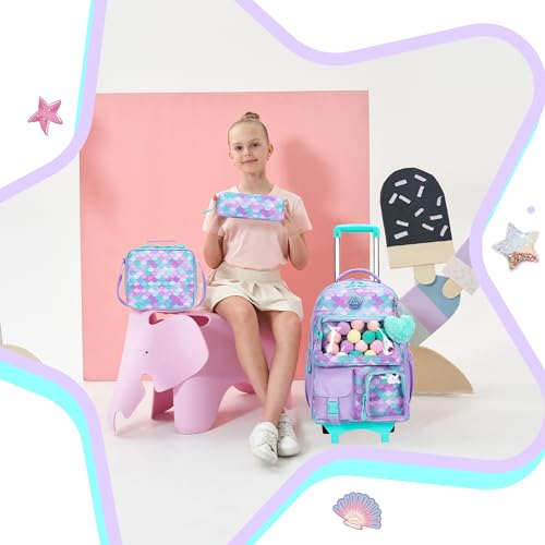 Meetbelify Mermaid Rolling Backpack for Kids - Cute Carry On with Wheels, Lunch Box & Pencil Case - Elementary Student to Teen Girls Luggage - Travel Suitcase - color: A Mermaid