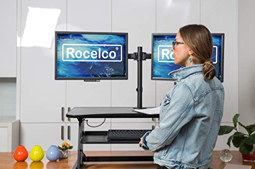 Rocelco 40" Large Height Adjustable Standing Desk Converter with Dual Monitor Mount BUNDLE - Quick Sit Stand Up Computer Workstation Riser - Retractable Keyboard Tray - Black (R DADRB-40-DM2) - color: Black, size: 40", style: Riser+Dual Mount