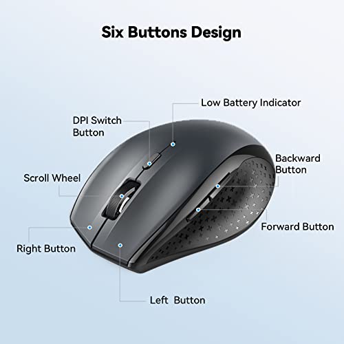 TECKNET Bluetooth Mouse, Wireless Silent 6 Buttons 2-Yr Battery, Gray | BT 5.0/3.0, 6-Level DPI to 4800, Wide OS Compatible, Ergonomic for M/L Hands, Extended Battery - color: Gray