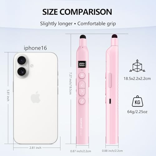 N21 Bluetooth Presentation Clicker for PowerPoint with Retractable Pointer | ①Green laser ②Telescopic touch pen ③Countdown timer, vibration alert ④Customizable Button ⑤Rechargeable;battery level display - color: Pink - Green Pointer