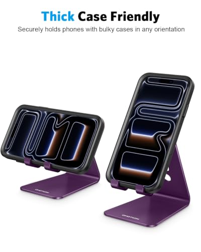 OMOTON C2 Adjustable Cell Phone Stand with Charging Cutout, Deep Purple | Sturdy 3mm Aluminum, Charging Port, 270° Adjustable, Non-Slip Silicone Pads, Works with Thick Cases, for All Smartphones - color: Deep Purple