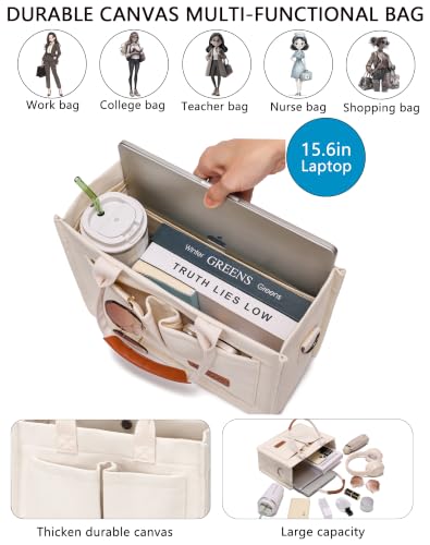 Canvas Tote Bag for Women,Women's Bags Crossbody Bags Work Laptop Tote Bag Large Handbags Purse for Travel Nurse Teacher - color: Beige With Compartments