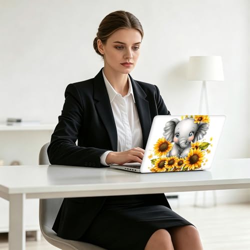 Universal Laptop Skin Decal, 3-Piece Vinyl Protector for 12 13 14 15.6" Notebook, Waterproof Anti-Scratch, Easy Trim & Bubble-Free Finish, Baby Elephant Sitting on Sunflowers - color: Baby Elephant Sitting on Sunflowers