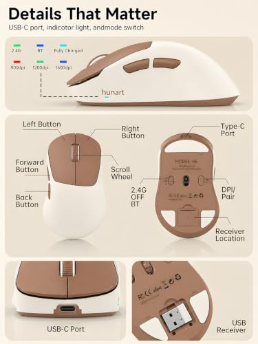 hunart H6 49g Wireless Mouse, Bluetooth & 2.4GHz, Rechargeable,Mocha Brown | Silent Clicks, Two Ways to Connect, USB-C Charging, Lightweight Right-Hand Ergonomic Comfort, for Laptop, MacBook, Computer - color: Mocha Brown