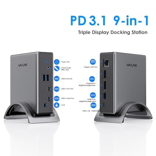 WAVLINK Laptop Docking Station, PD 3.1 Dock Triple Monitor, Dual DP,HDMI | Single 4K@144Hz, 140W PD 3.1 Charger, USB-C 10Gb, 2×USB-A 5Gb, Gigabit Ethernet and Mic/Audio, Compatible with Windows Only