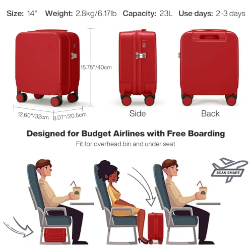 mixi 14 Inch Underseat Luggage Carry on Suitcase Free Boarding Personal Item Suitcases with Spinner Wheels Hardshell Lightweight PC for Short Travel, Red - color: Red, size: 14in Underseat