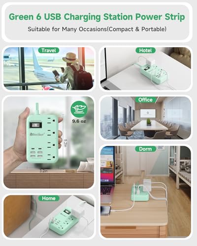 6 USB(2 USB C) Green Travel Power Strip 4 Outlets 5Ft Green Extension Cord | 5FT Green Extension Cord,2 USB C Charging Station,4 Outlets,Cute Desk Accessories,Switch,Kawaii Home Office College Dorm,24W - size: 5 FT(Green-24W USB-980J)